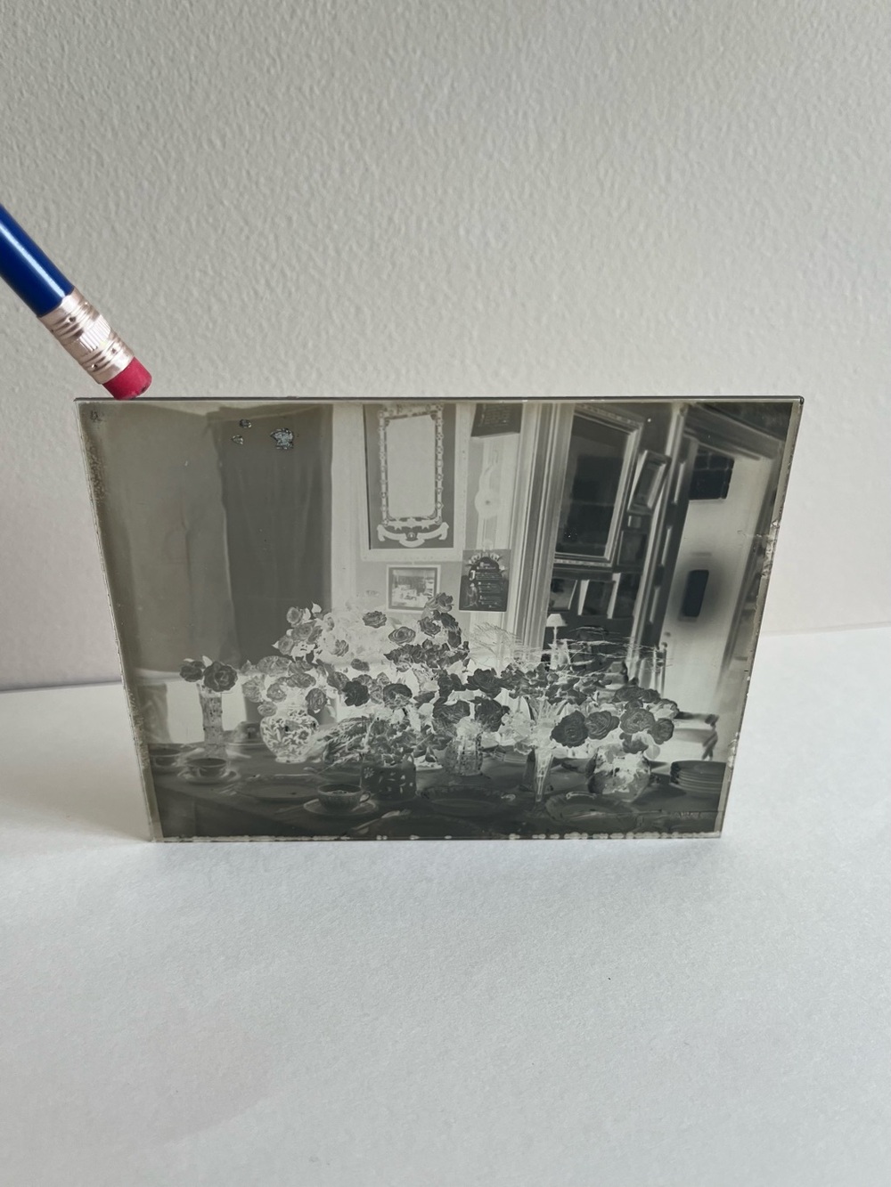 Antique Glass Plate Negative Flowers Vases Floral Dining NY 1800s / 1900s 5X4in